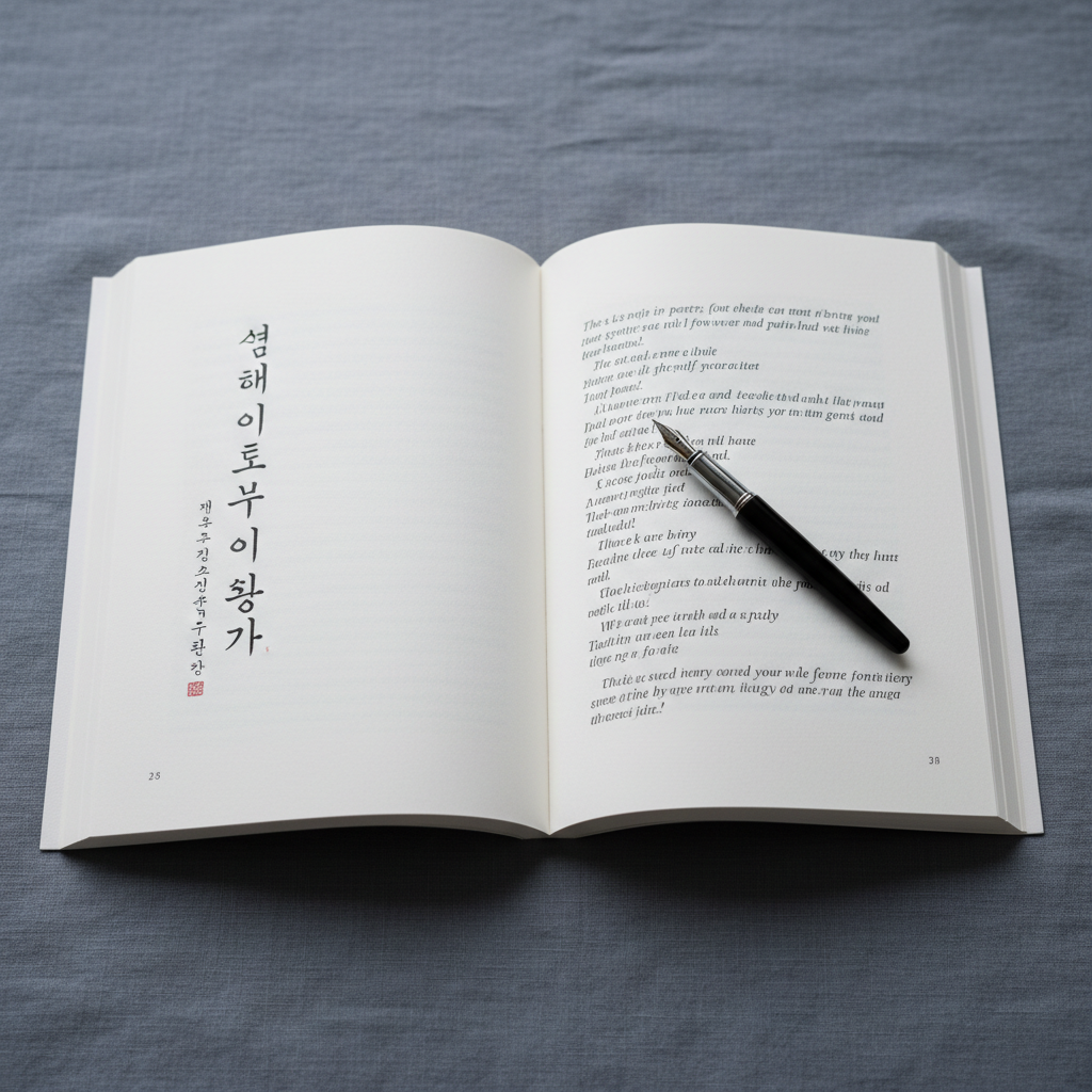 A single open book of modern Korean poetry, printed on thick, slightly textured off-white paper, lies centered on a slate-grey linen cloth. One page displays elegant Hangul lines, the facing page a precise English translation in a refined serif font. A slim black fountain pen with a silver nib rests diagonally across the gutter, hinting at attentive editing. Diffused overcast light from above creates soft, even illumination and barely-there shadows at the page edges. The composition uses the rule of thirds, photographed from a slightly elevated angle with crisp focus on the text and a gentle falloff toward the cloth. The mood is studious and sophisticated, emphasizing bilingual literary craftsmanship in a clean, modern photographic style.