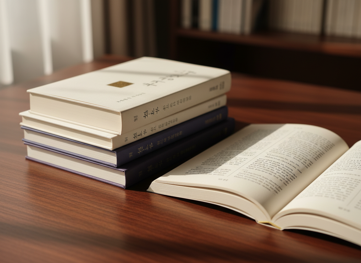 A meticulously arranged stack of slim Korean poetry books and essay collections, their matte cream and deep indigo covers featuring minimalist Hangul titles and subtle foil accents, resting on a dark walnut desk. Beside them lies an open bilingual volume showing crisp black Korean and English text in parallel columns on ivory paper. Soft afternoon light from an unseen window grazes the pages, creating gentle gradients and narrow shadows between the books. In the blurred background, a simple bookshelf suggests more curated works. Photographic realism at eye level, with a shallow depth of field and a calm, sophisticated atmosphere that evokes quiet literary contemplation for a Korean literature press.