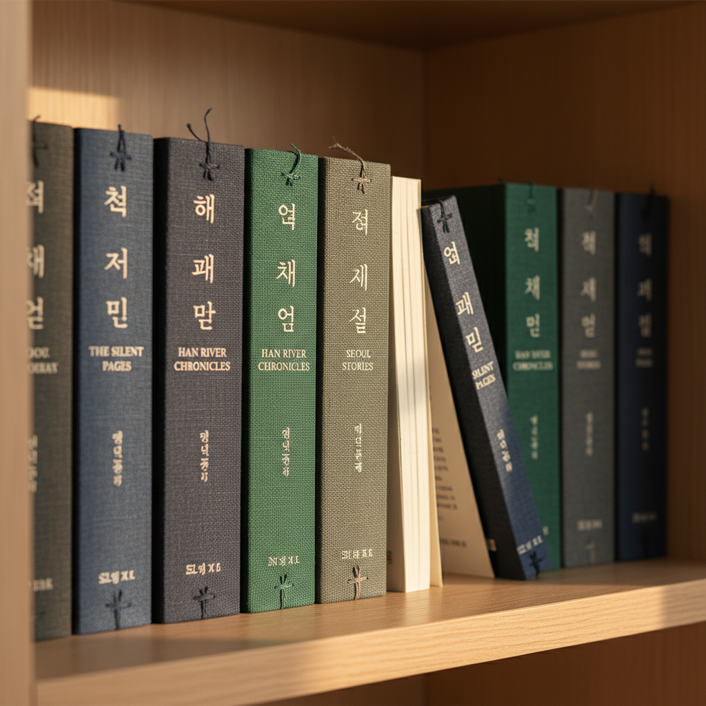 An orderly row of small, cloth-bound Korean literary journals with hand-stitched spines, their covers in desaturated navy, pine green, and charcoal, each bearing understated Hangul and English typography, stands upright on a light oak shelf. One journal leans slightly, revealing creamy deckled pages inside. Soft golden-hour light filters in from the left, casting elongated shadows along the shelf and creating a gentle glow on the fabric textures. The camera frames the journals in a tight, horizontal composition at eye level, with the focus sharp on the central spine and subtly blurred at the edges. The mood is refined and archival, evoking a quiet, serious space where contemporary Korean writing is carefully preserved and presented.
